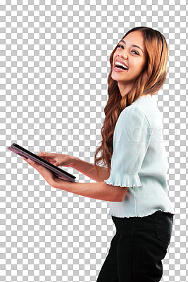 Buy stock photo Portrait, tablet and happy business woman laughing on isolated, transparent and png background. Face, smile and female manager online with checklist, schedule or project, plan or schedule management