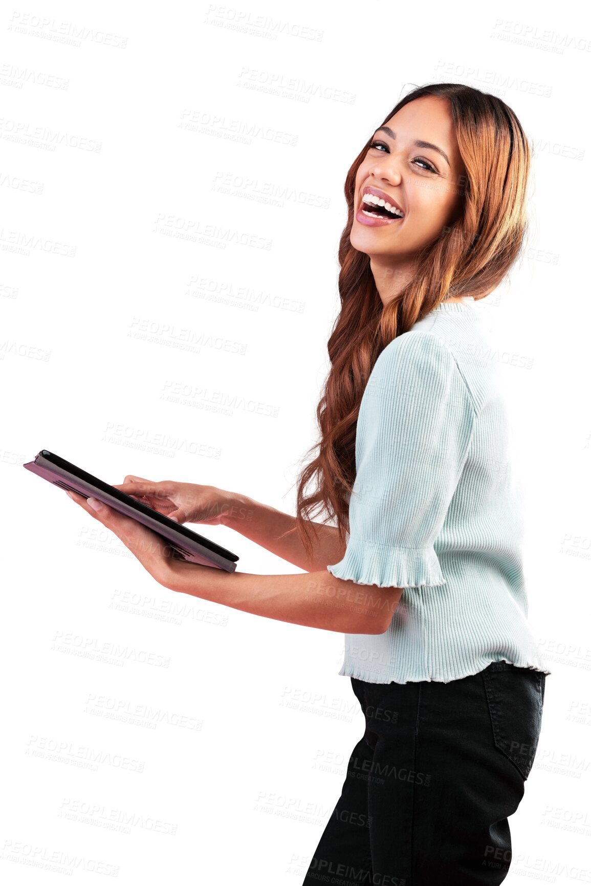 Buy stock photo Portrait, tablet and happy business woman laughing on isolated, transparent and png background. Face, smile and female manager online with checklist, schedule or project, plan or schedule management