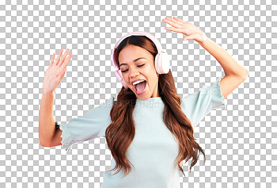 Buy stock photo Woman, headphones and dance to music, singing and celebrate freedom isolated on transparent png background. Excited model, party and energy to audio, streaming radio sound and listening to rave song