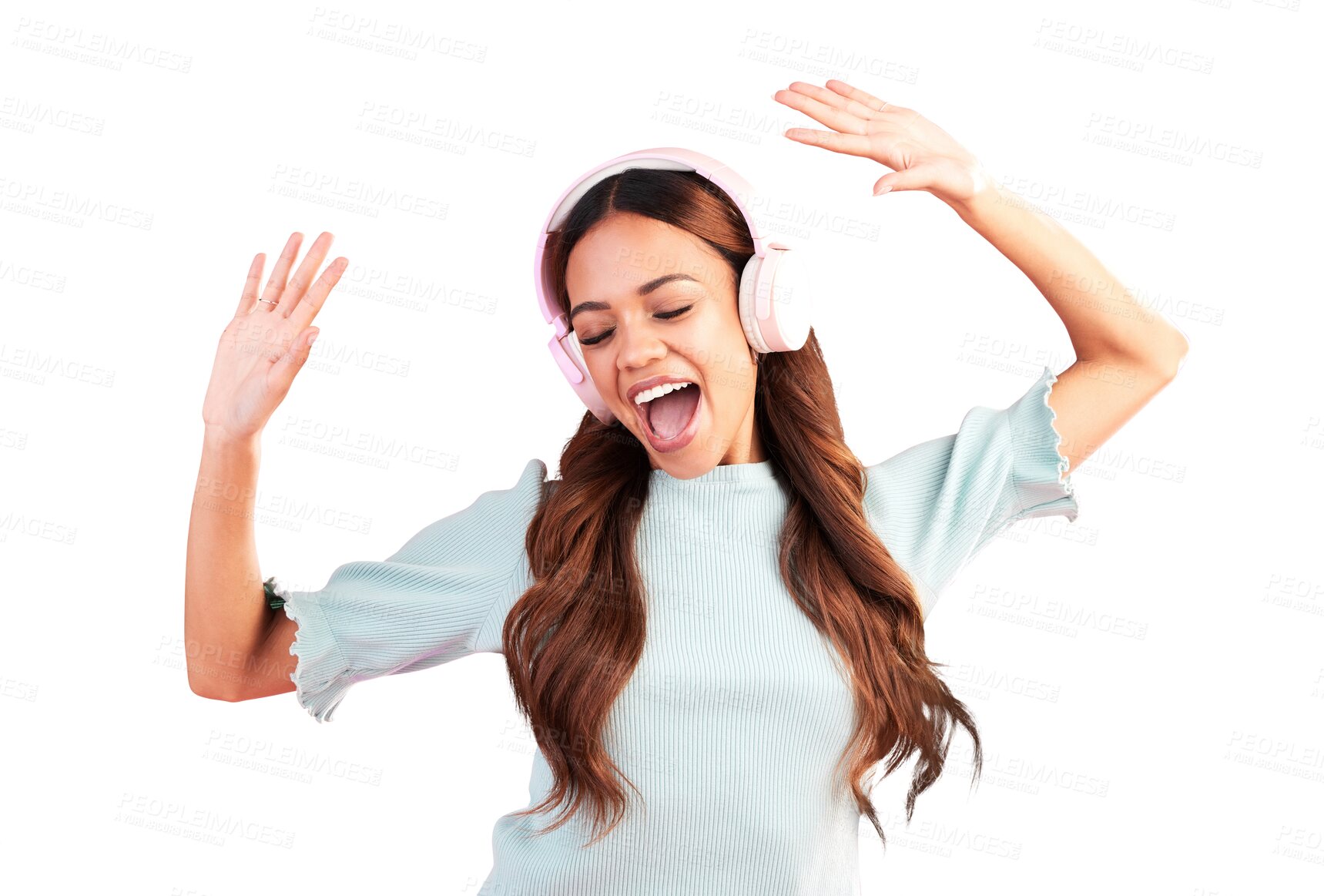 Buy stock photo Woman, headphones and dance to music, singing and celebrate freedom isolated on transparent png background. Excited model, party and energy to audio, streaming radio sound and listening to rave song