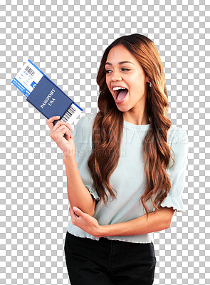 Travel passport, excited and woman with ticket in studio with paper, boarding pass and flight documents. Traveling agency, tourism and happy girl for international holiday, vacation and USA trip
