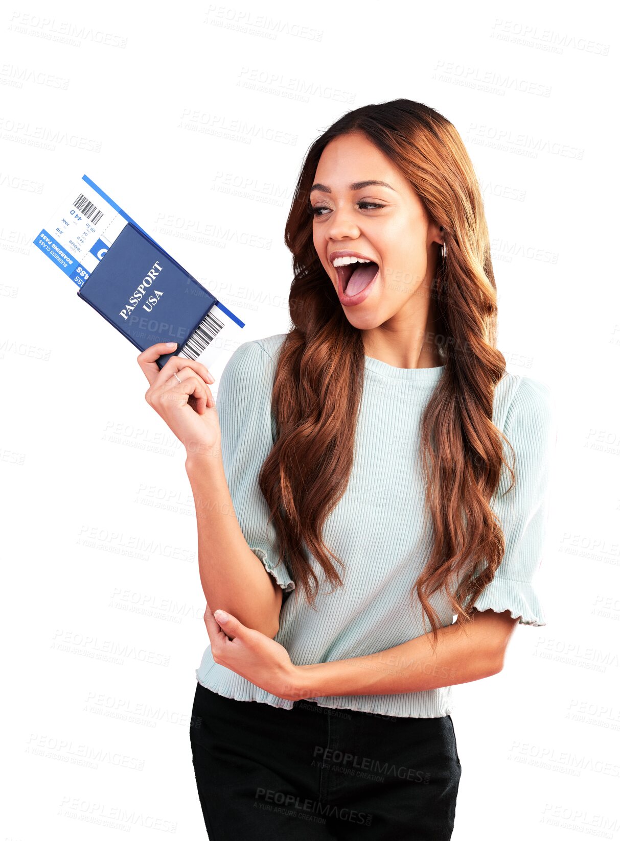 Buy stock photo Excited, happy and woman with passport isolated on transparent png background in international travel, vacation and holiday. Female model with identity documents, legal tickets and USA plane flight