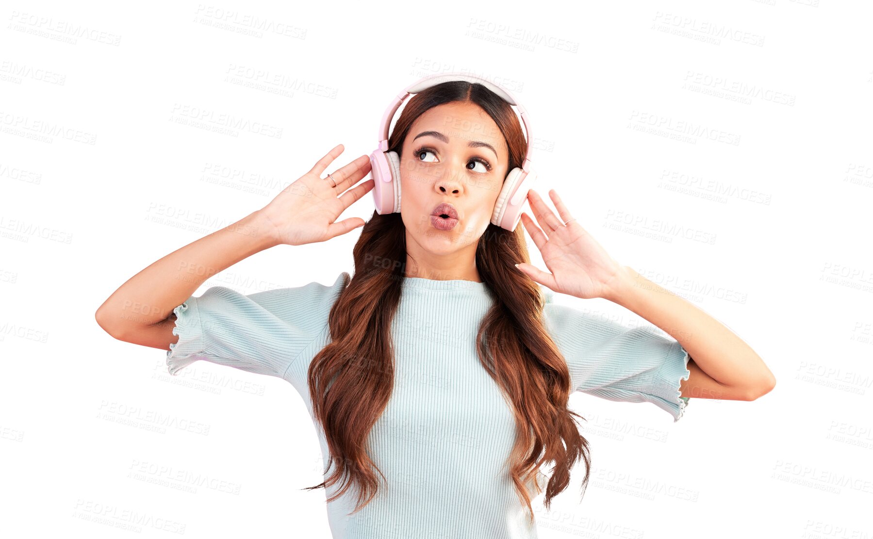 Buy stock photo Music headphones, whistle and woman singing a song isolated on transparent png background. Singer, thinking or female person streaming, enjoying and listening to audio, sound track or radio podcast