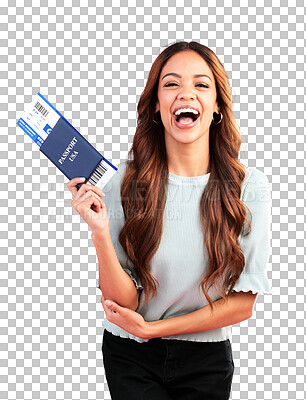 Buy stock photo Portrait, happy and woman with passport isolated on transparent png background in international travel, vacation and holiday. Excited model with identity documents, legal tickets and USA plane flight