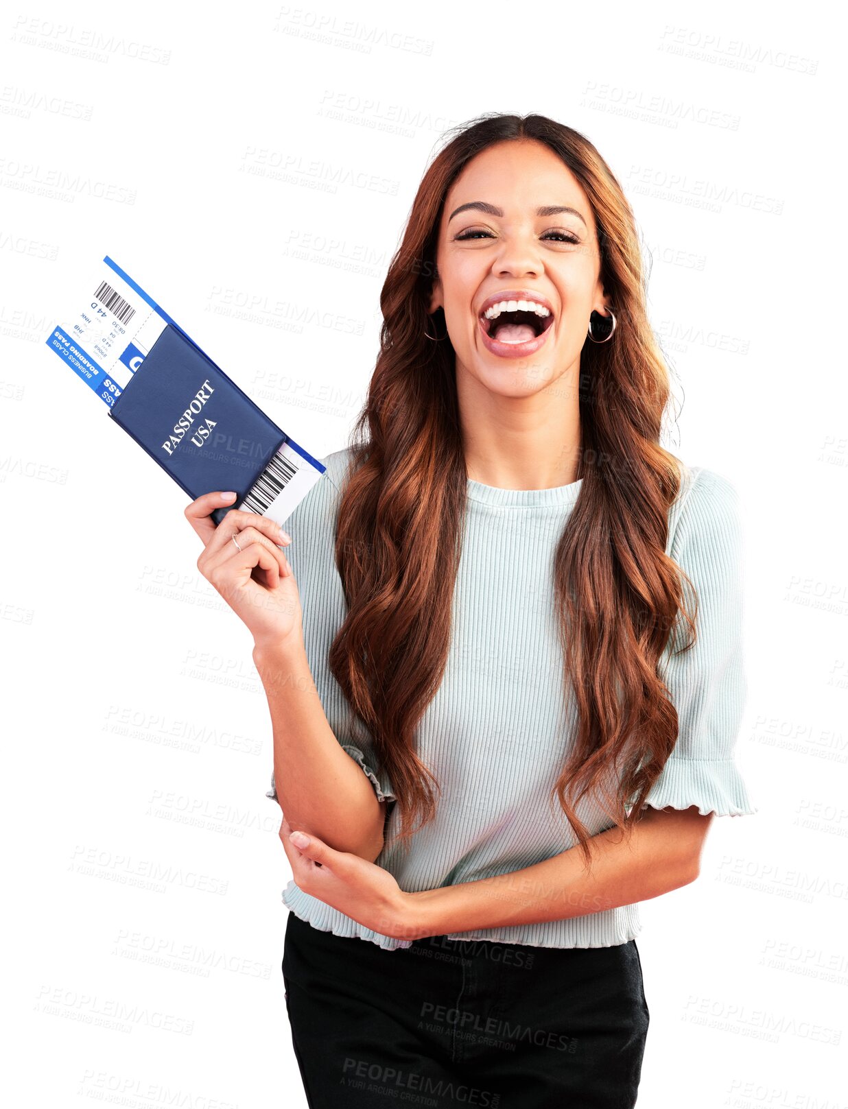 Buy stock photo Portrait, happy and woman with passport isolated on transparent png background in international travel, vacation and holiday. Excited model with identity documents, legal tickets and USA plane flight