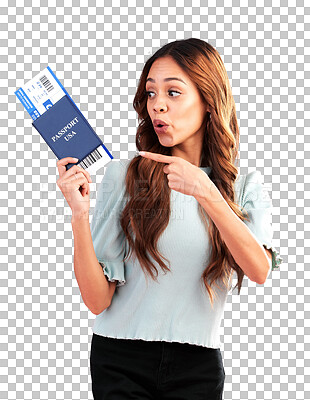 Buy stock photo Surprise, pointing and woman with passport isolated on transparent png background for global travel, vacation and holiday. Happy model show USA identity documents, airplane tickets and flight booking