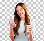 Woman, phone and texting in studio with coffee by pink background with smile, happiness and online dating. Girl, smartphone and video on app, social network ui or laughing at funny meme on web chat