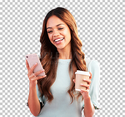 Buy stock photo Happy woman, phone and smile with coffee for social media or morning communication isolated on a transparent PNG background. Female person on mobile smartphone app for networking or online browsing