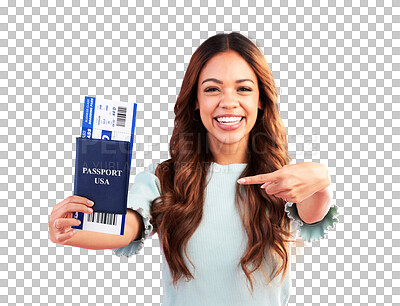 Passport, excited and portrait of woman point in studio with ticket, boarding pass and flight documents. Travel mockup, tourism and happy girl ready for international holiday, vacation and USA trip
