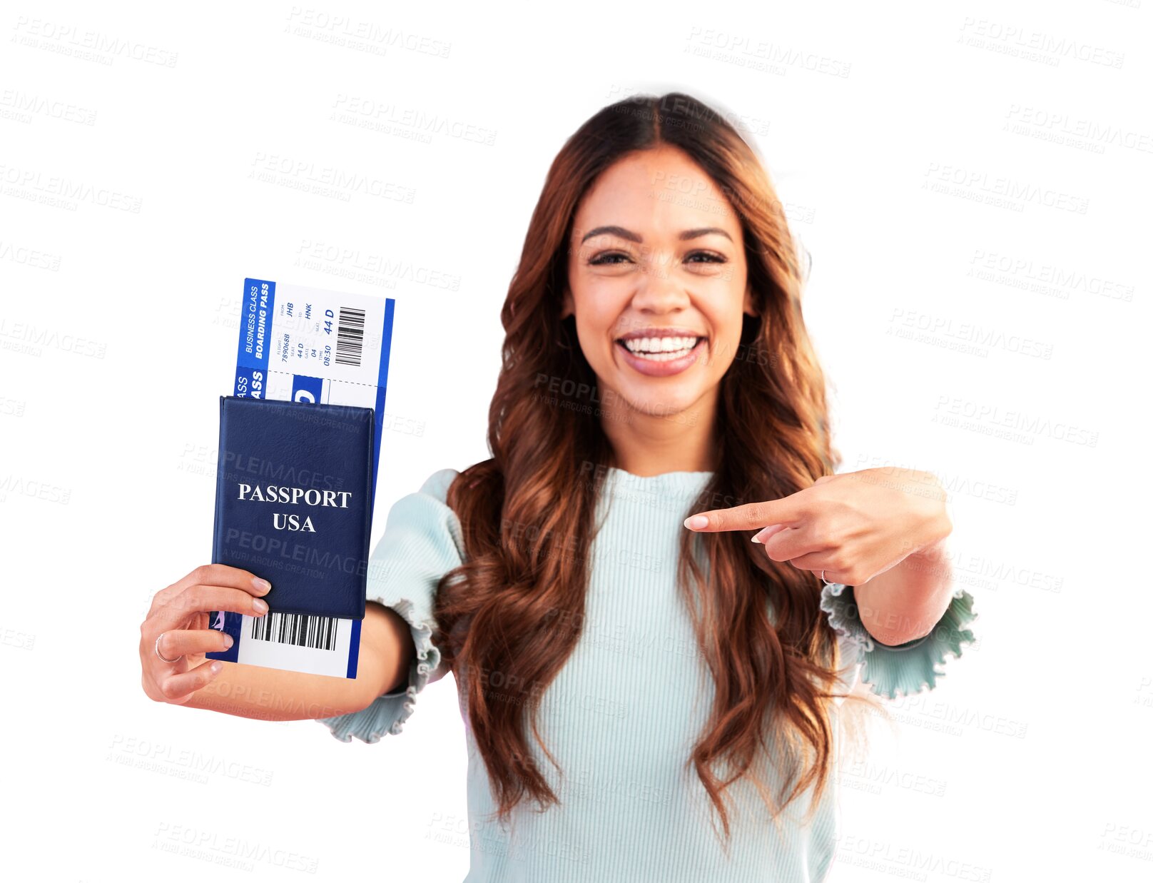 Buy stock photo Happy woman, portrait and pointing to USA passport with  travel ticket isolated on a transparent PNG background. Excited female person smile with boarding pass or flight documents for vacation trip