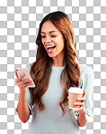 Phone, coffee and woman laughing in studio isolated on a pink background. Tea, cellphone and happy mixed race female with smartphone for social media, funny meme or comic joke, web browsing and text.