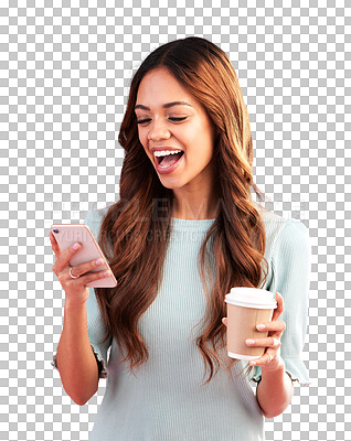 Buy stock photo Phone, coffee and happy woman on social media, online or internet isolated in a transparent or png background. App, smartphone and female person smile for communication, subscription on website