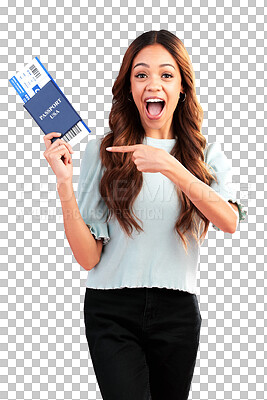 Buy stock photo Happy woman, portrait and pointing to passport for travel with ticket isolated on a transparent PNG background. Excited female person with boarding pass or flight documents in wow for vacation trip