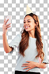 Selfie, birthday party and smile of woman in studio isolated on a pink background. Photographer, profile picture and happy female taking photo for happy memory, social media or special celebration.