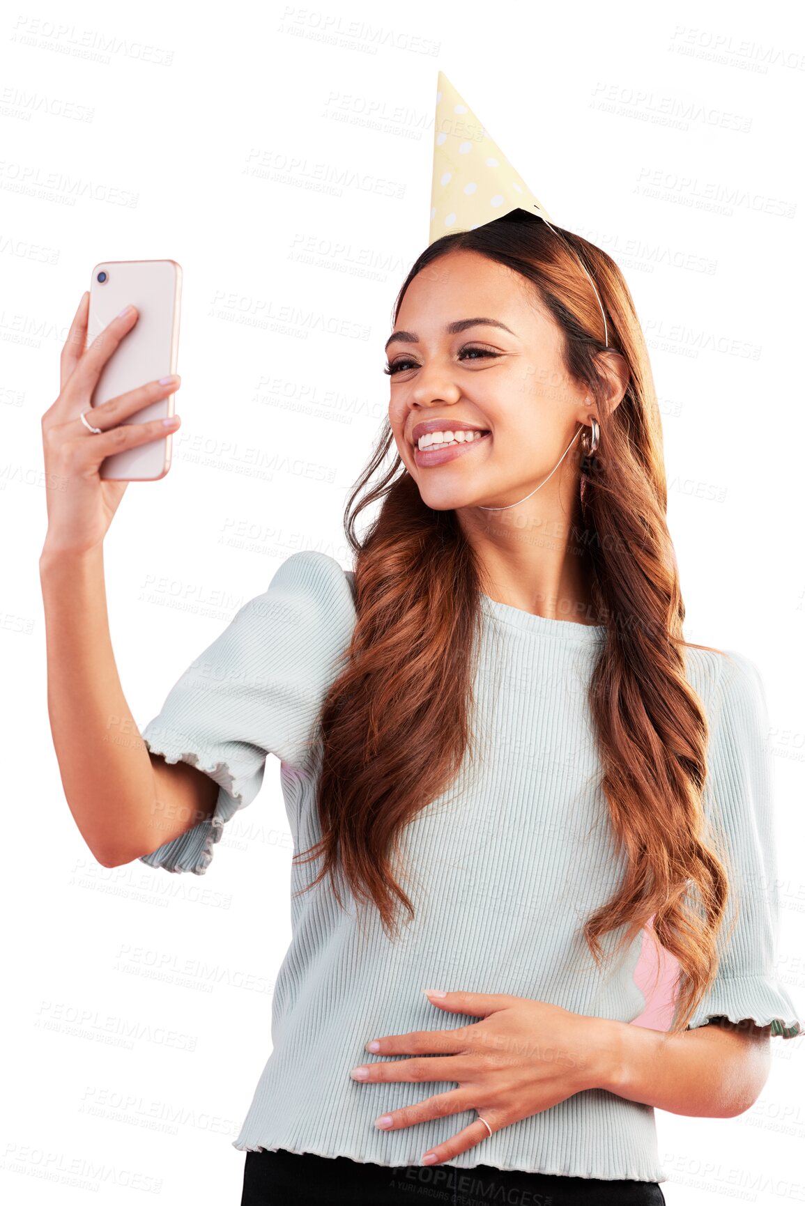 Buy stock photo Party, smile and birthday with woman and selfie on png for celebration, social media and photography. Happy, picture and post with person isolated on transparent background for online, update or blog