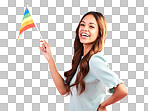 LGBT, pride portrait or happy woman with rainbow flag for self love, individuality or LGBTQ community support. Equality, human rights girl or studio bisexual, gay or lesbian person on pink background