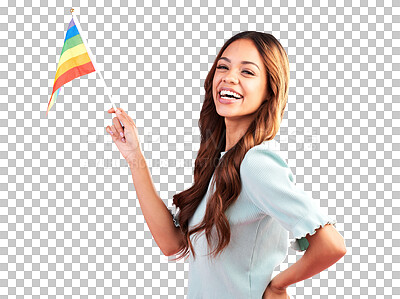 Buy stock photo LGBT, pride portrait or happy woman with rainbow flag for self love isolated in a transparent or png background. Equality, human rights and confident person in bisexual, gay or lesbian community