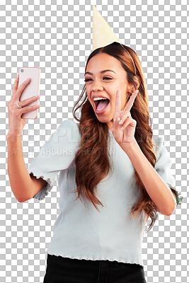 Buy stock photo Selfie, happy and woman with peace sign on social media, online or internet isolated in transparent or png background. Celebrate, winning and person smile for congratulations or happiness on app