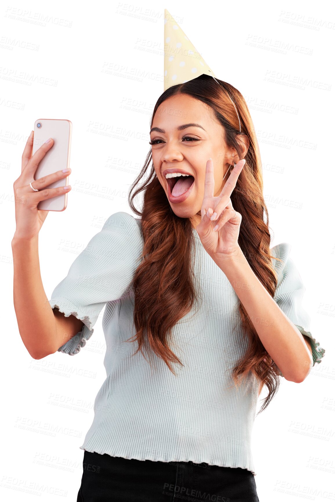 Buy stock photo Selfie, happy and woman with peace sign on social media, online or internet isolated in transparent or png background. Celebrate, winning and person smile for congratulations or happiness on app