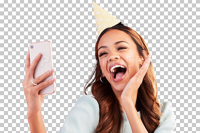 Birthday, selfie and excited with a woman in studio on a pink background for the celebration of an event. Phone, social media and party with an attractive young female celebrating a special occasion