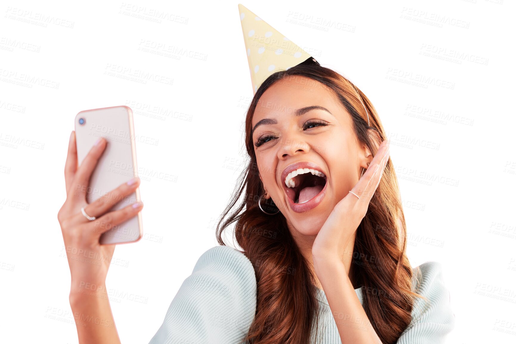 Buy stock photo Party, happy and birthday with woman and selfie on png for celebration, social media and log. Smile, picture and post with person isolated on transparent background for happiness, update and blog