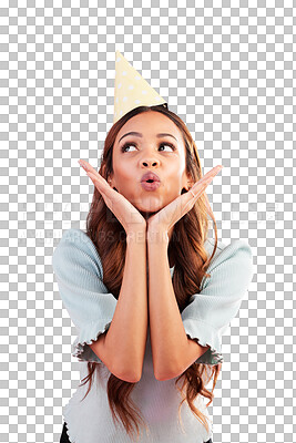 Buy stock photo Birthday, celebration and woman blowing kiss for party, event or congratulations isolated in a transparent or png background. Emoji, happy and young female person with hat for festival or surprise