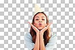Birthday woman, face portrait and kiss for celebration event, congratulations or celebrate studio happiness. Emoji gesture, party hat and headshot female, person or young model on pink background
