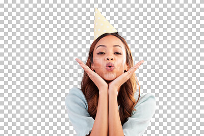 Buy stock photo Birthday woman, face portrait and kiss for celebration event, congratulations isolated in transparent or png background. Emoji gesture, party and young female person with hat for festival or winning