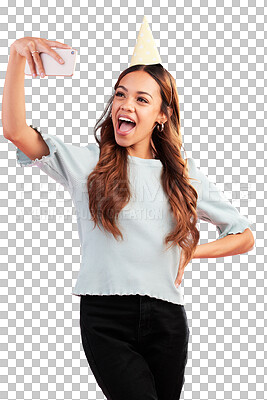 Buy stock photo Selfie, birthday and woman in celebration on social media, online or internet isolated in a transparent or png background. Winning, app and female person smile for happiness or congratulations