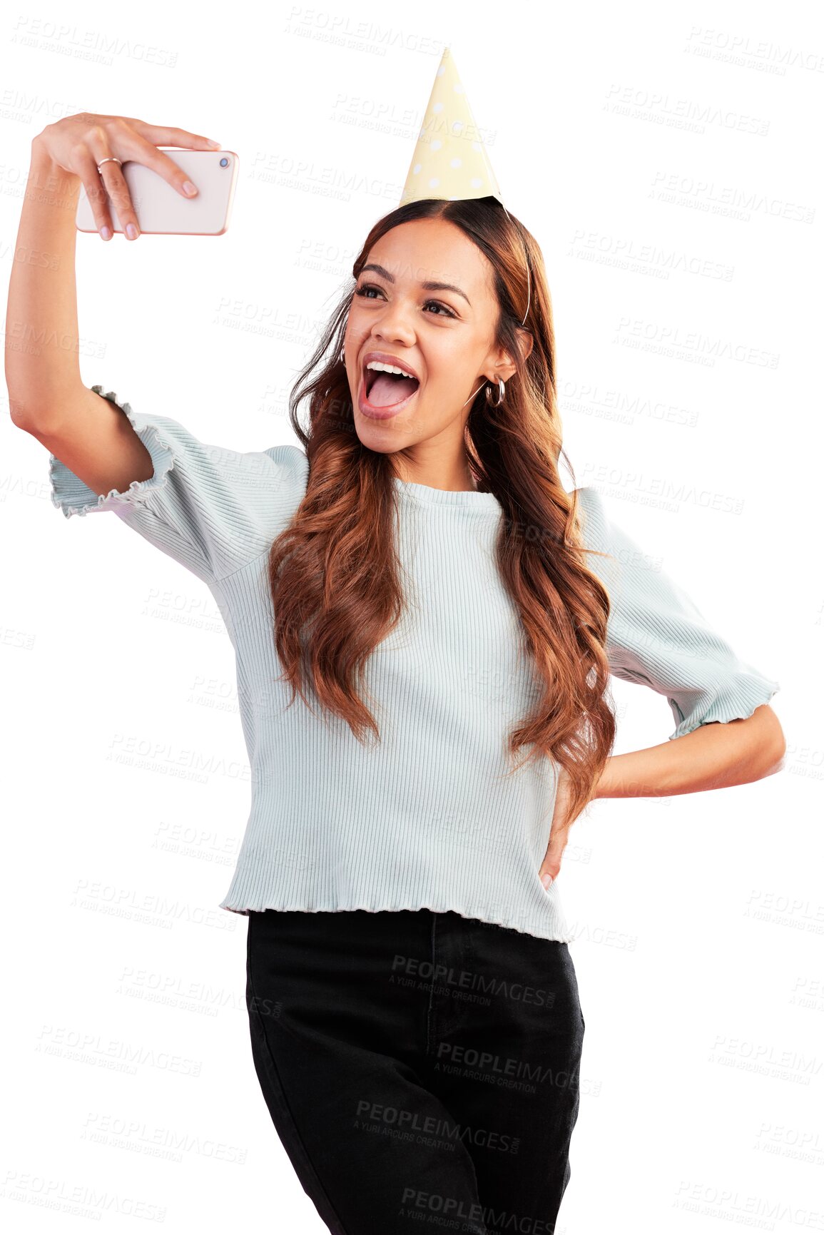 Buy stock photo Selfie, birthday and woman in celebration on social media, online or internet isolated in a transparent or png background. Winning, app and female person smile for happiness or congratulations