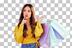 Woman thinking about shopping purchase, paper bag and retail with fashion sale on pink background. Customer experience, service and product choice, thoughtful female in studio and discount at shop