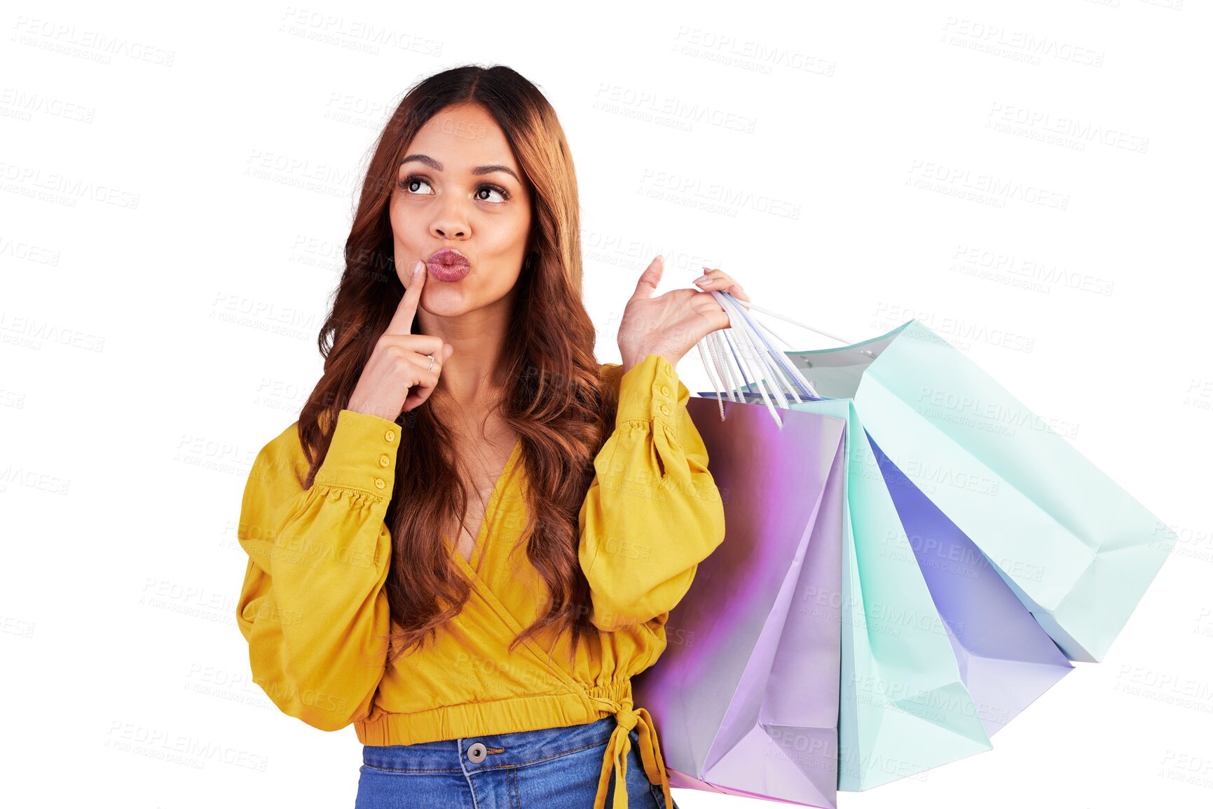 Buy stock photo Fashion, retail and thinking with woman and shopping bag on png for luxury, boutique and sale. Cosmetics, deal and store with customer isolated on transparent background for product and freedom