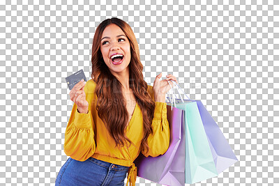 Buy stock photo Sale, retail and credit card with woman and shopping bag on png for luxury, boutique and fashion. Cosmetics, deal and store with customer isolated on transparent background for product and freedom