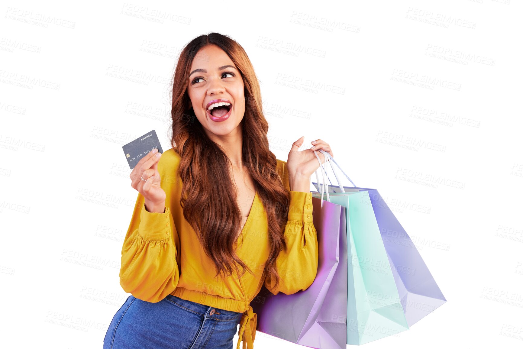 Buy stock photo Sale, retail and credit card with woman and shopping bag on png for luxury, boutique and fashion. Cosmetics, deal and store with customer isolated on transparent background for product and freedom