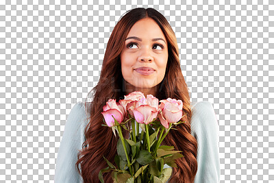 Happy, thinking and female with roses in a studio for valentines day, romance or anniversary. Happiness, smile and young woman model from Mexico with a bouquet of flowers isolated by pink background.