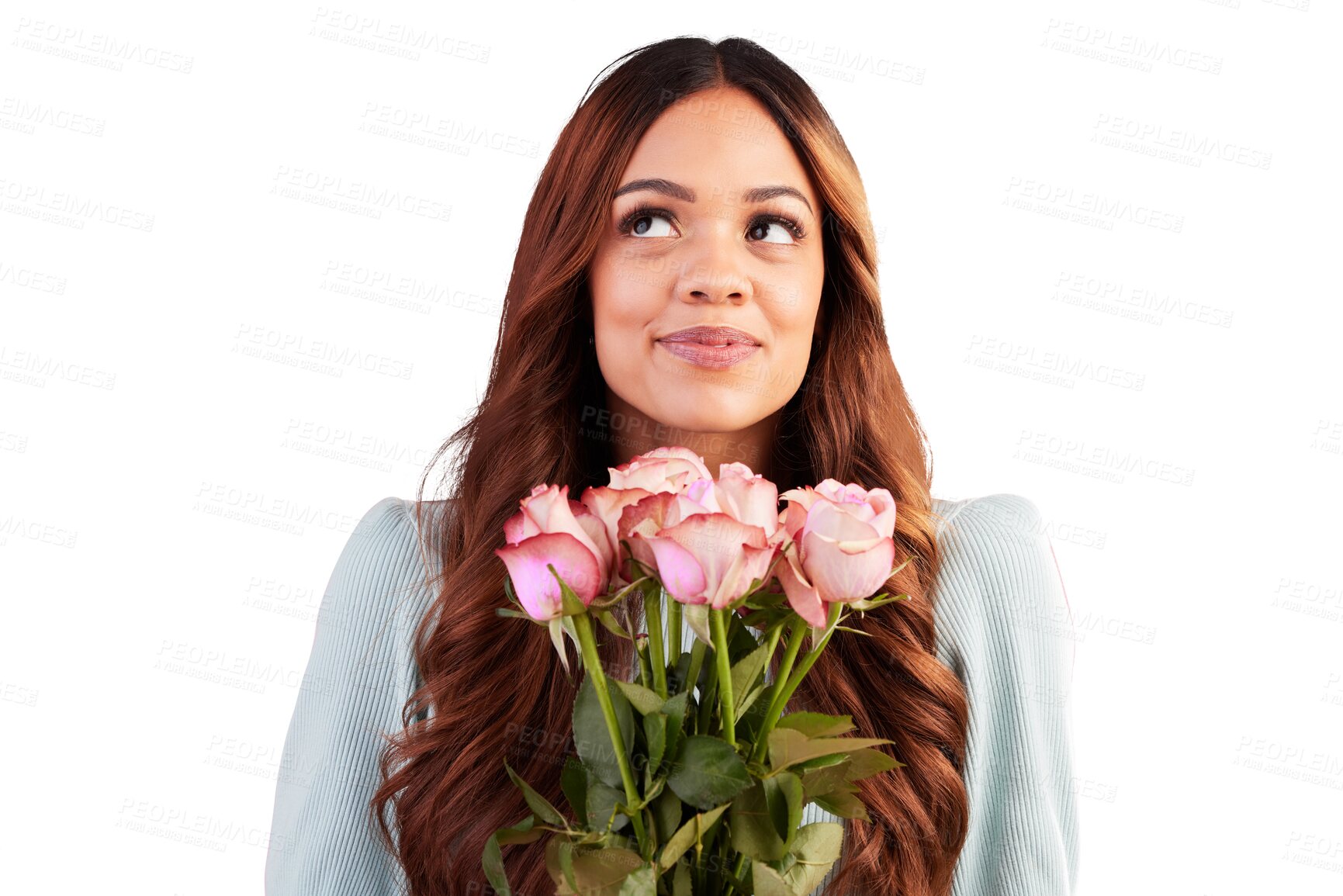 Buy stock photo Happy, woman and thinking with roses for valentines day, romance or anniversary isolated on a transparent PNG background. Thoughtful young female person smile in happiness with bouquet of flowers