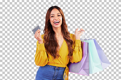 Buy stock photo Portrait, retail and credit card with woman and shopping bag on png for luxury, boutique or fashion. Cosmetics, deal and store with customer isolated on transparent background for product and sale