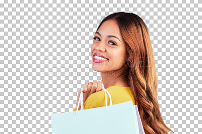 Buy stock photo Deal, retail and portrait with woman and shopping bag on png for luxury, boutique or fashion. Cosmetics, mall and store with customer isolated on transparent background for product, purchase and sale