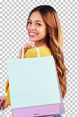 Buy stock photo Sale, portrait and store with woman and shopping bag on png for luxury, boutique and fashion. Cosmetics, deal and happy with customer isolated on transparent background for product, mall and retail
