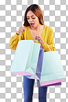 Woman, shopping bag and wow sale in studio with a customer happy about promotion or discount. Female model or shopper on a pink background for fashion, brand and gift or surprise in paper bags