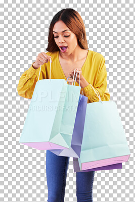 Buy stock photo Sale, retail and surprise with woman and shopping bag on png for luxury, boutique and fashion. Cosmetics, deal and store with customer isolated on transparent background for product, happy and wow