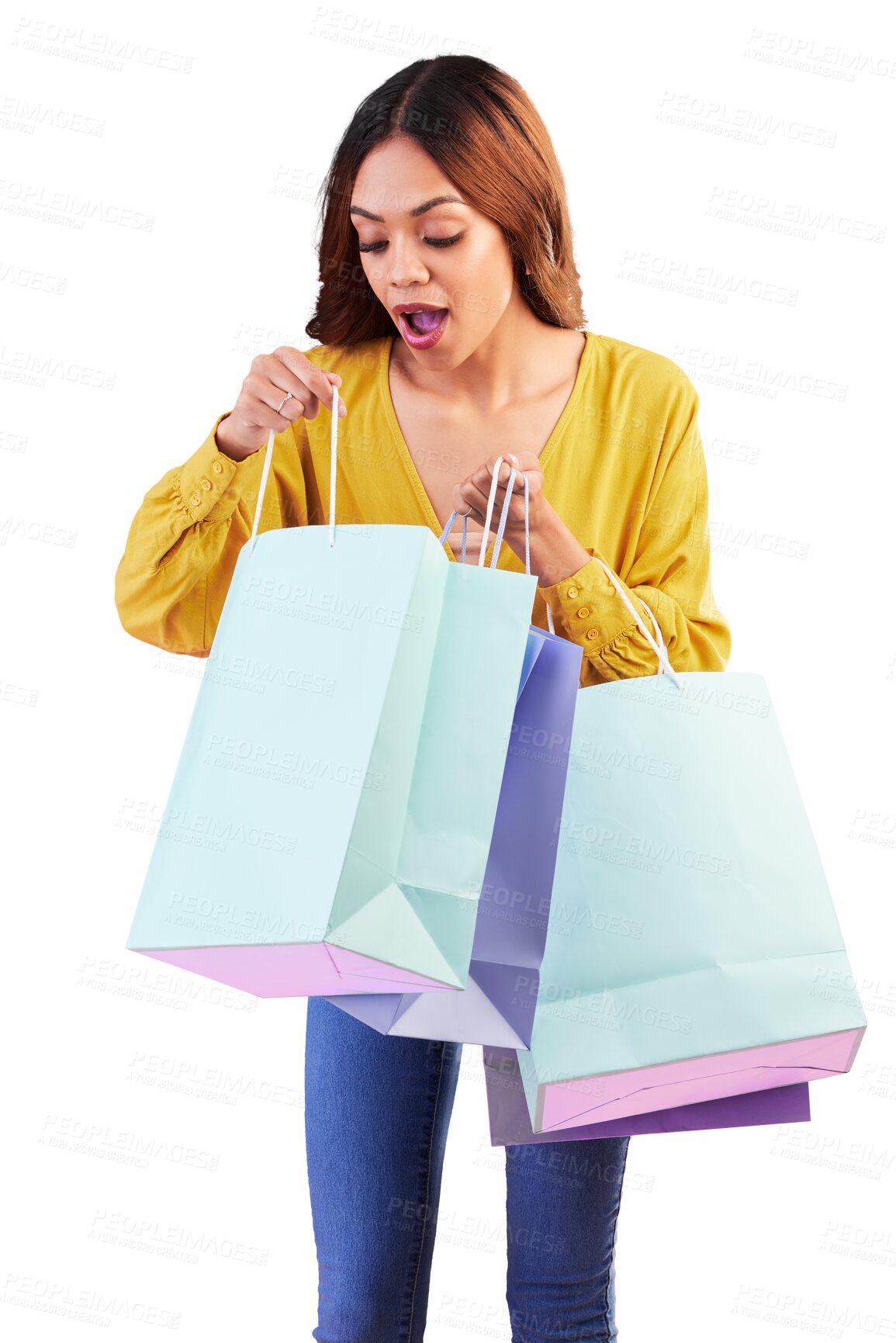 Buy stock photo Sale, retail and surprise with woman and shopping bag on png for luxury, boutique and fashion. Cosmetics, deal and store with customer isolated on transparent background for product, happy and wow