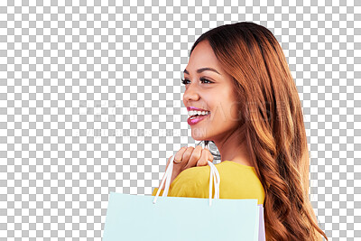 Buy stock photo Sale, retail and fashion with woman and shopping bag on png for luxury, boutique and smile. Cosmetics, deal and store with female customer isolated on transparent background for product and happiness