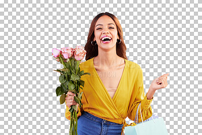 Happy, shopping bags and flowers with woman in studio for retail, birthday and spring. Event, party and celebration with female customer and roses on pink background for sale, discount and romance