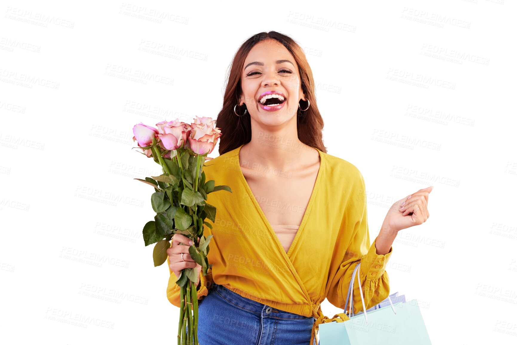 Buy stock photo Portrait, shopping bag or happy woman with bouquet of flowers for valentines day, gift or anniversary. Smile, sale or excited customer with roses or pink plants isolated on transparent png background