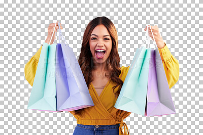 Buy stock photo Portrait, sale and happy with woman and shopping bag on png for luxury, boutique or fashion. Cosmetics, deal and store with customer isolated on transparent background for product, excited and retail