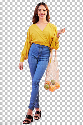 Buy stock photo Portrait, shopping or happy woman nutritionist with fruits in bag for health, wellness or diet to detox. Retail, groceries or excited girl customer with food isolated on transparent png background