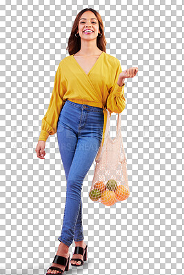 Buy stock photo Portrait, shopping or happy woman with fruits in bag for healthy food, wellness or diet to detox. Retail, discount sale or excited girl customer with groceries isolated on transparent png background