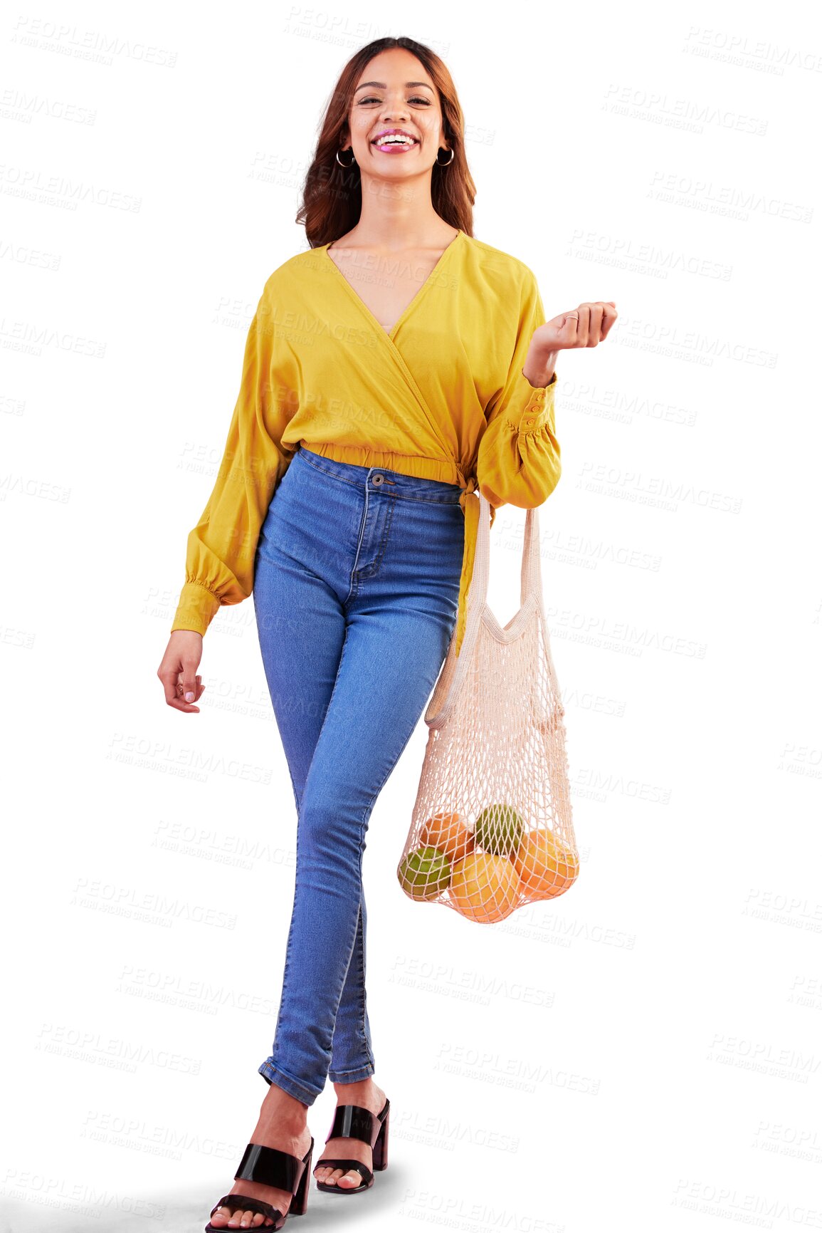 Buy stock photo Portrait, shopping or happy woman with fruits in bag for healthy food, wellness or diet to detox. Retail, discount sale or excited girl customer with groceries isolated on transparent png background