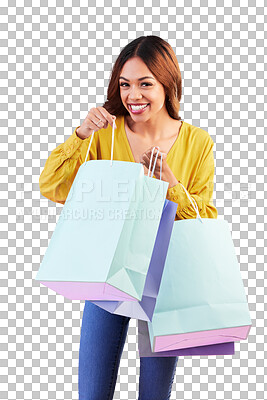 Buy stock photo Sale, retail and portrait with woman and shopping bag on png for luxury, boutique and fashion. Cosmetics, deal and store with customer isolated on transparent background for product, happy and mall
